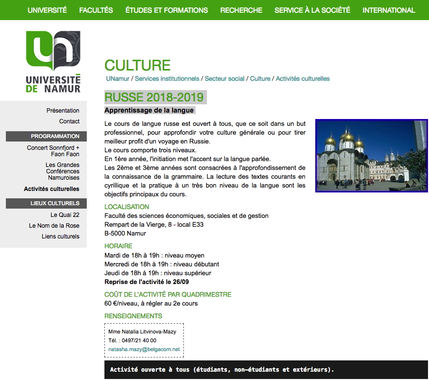 Page Internet. Université de Namur. Russe 2018-2019 - Apprentissage de la langue. 2018-09-01
